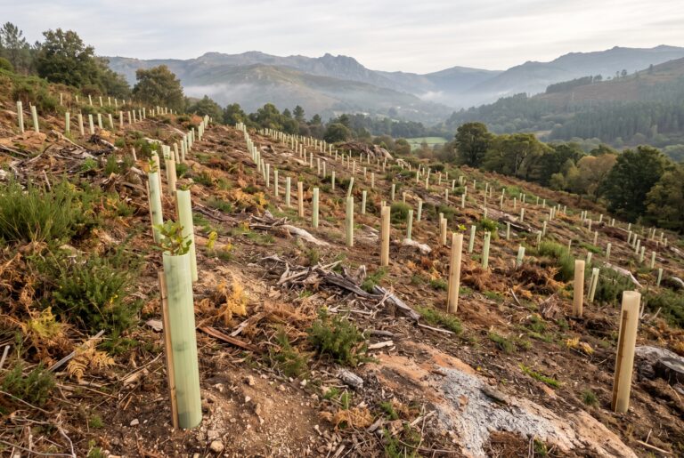 Repoblación con plantones protegidos en una ladera