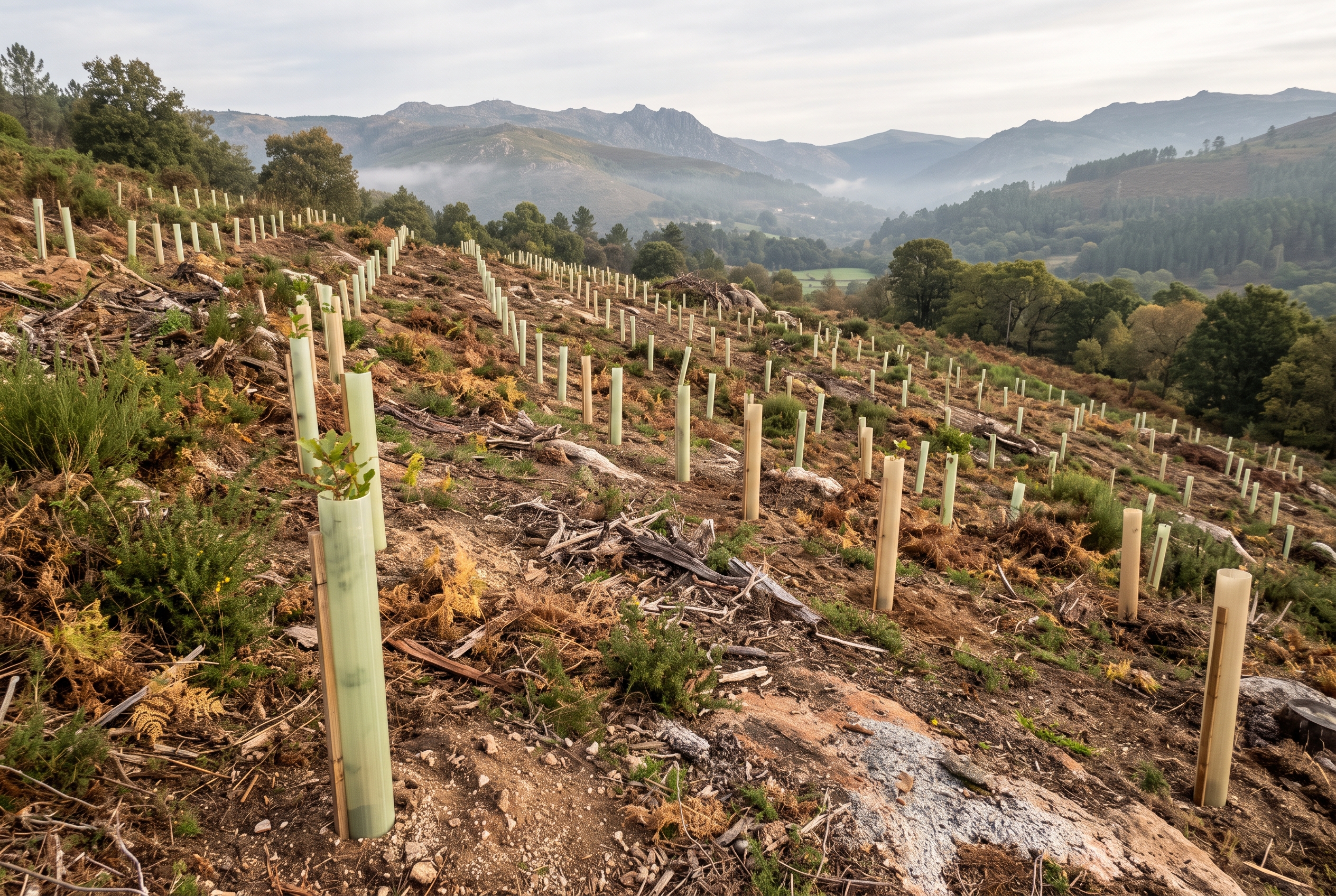 Repoblación con plantones protegidos en una ladera
